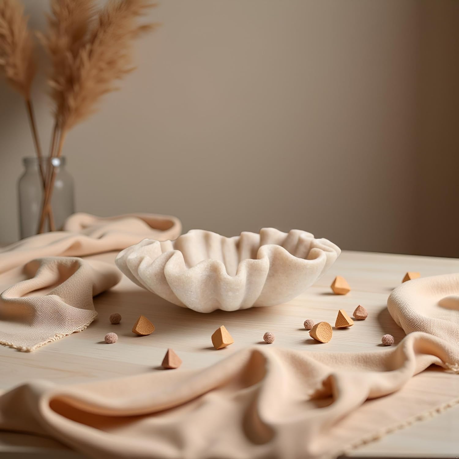 12" Large Decorative Bowl decor - Beige Scalloped Decorative Bowls for Home Decor - Organic Fluted Modern Home Decor,Ruffle Decor key bowl,bowl for keys,Artificial Stone Beige