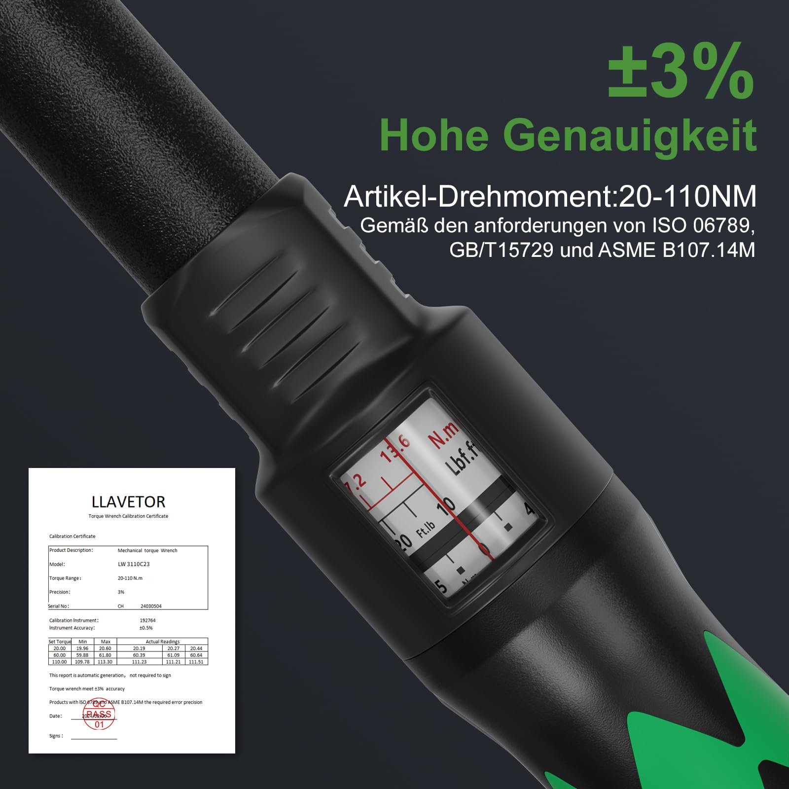 Clé Dynamométrique 3/8" 20-110NM Haute Précision ±3% avec Boîte de Rangement