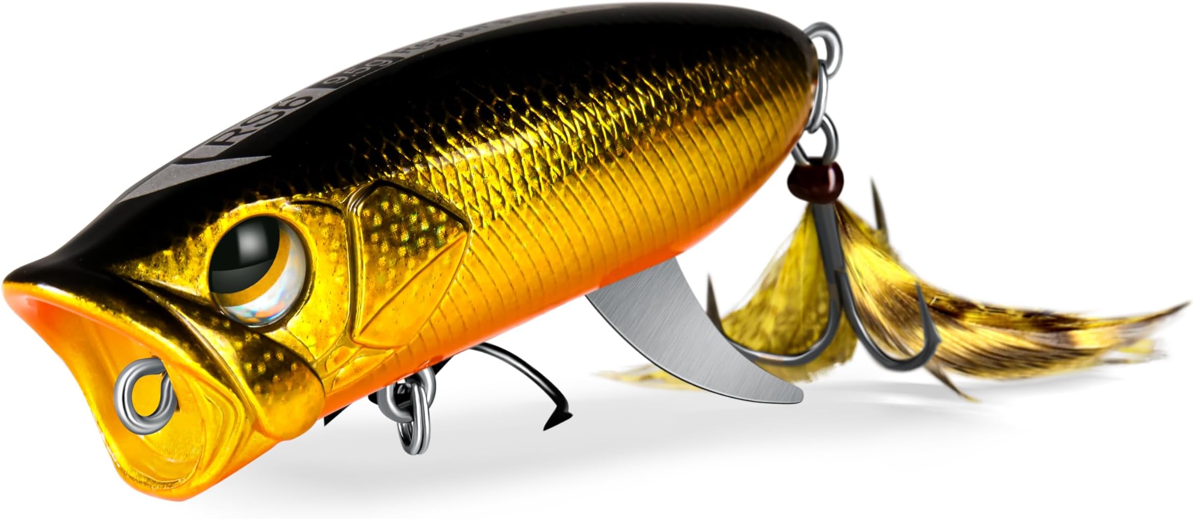 RS6 Popper Fishing Lure, Top Water Baits for Bass Fishing, Stabilizing Tail Fin, 2.36” 1/3 Oz, Floating, VMC 8570 Hooks, Feathered, Topwater Popper Fishing Lures for Bass, Pike, Musky Walleye