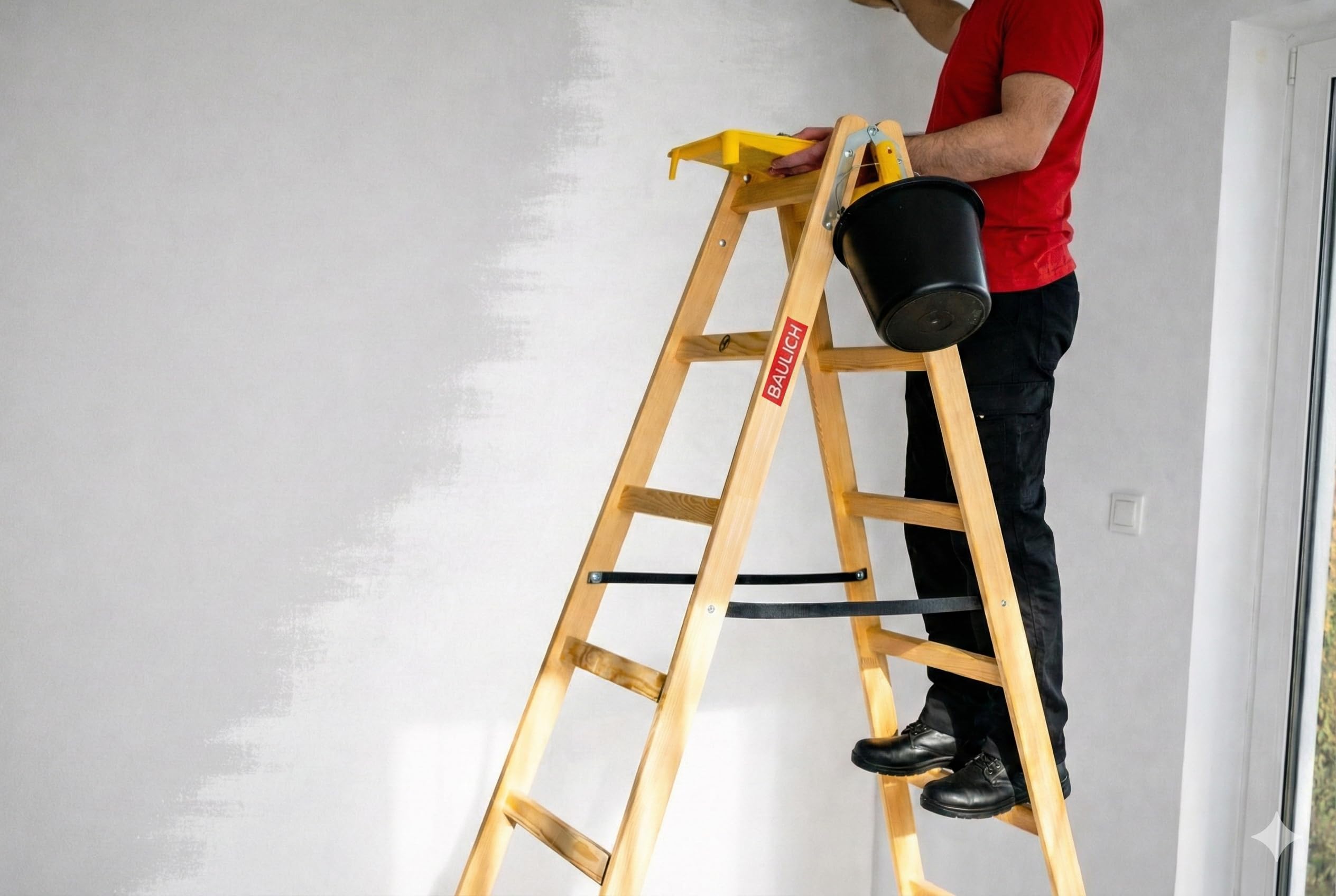 Escalera de Madera para Pintar 2x7 - Estructura desplegable y Extensible - Peldaños impregnados para Trabajos de reparación, Pintura de Interiores y renovación