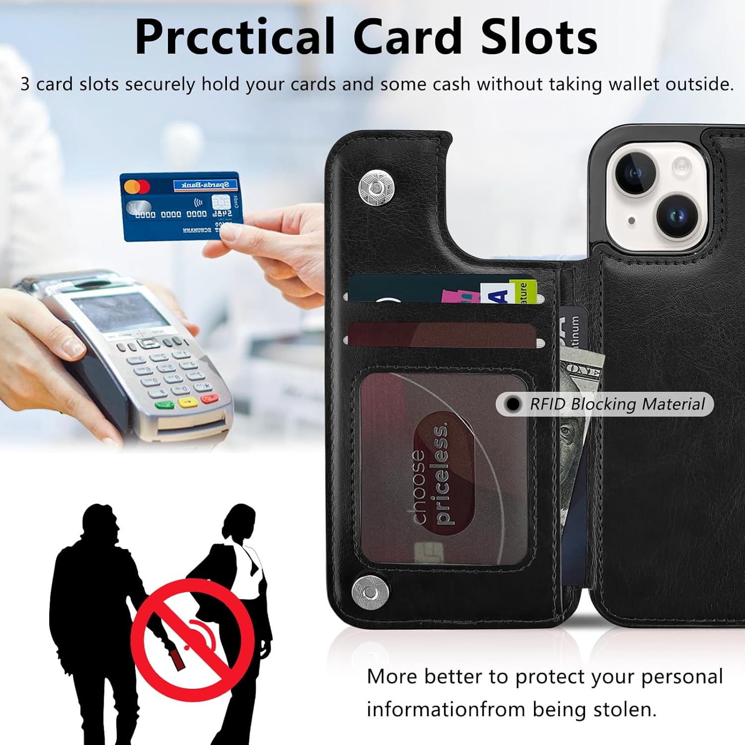 TopPerfekt Wallet Case for iPhone 12 and 12 Pro 6.1", Compatible with MagSafe, Wireless Charging, Leather Card Holder Kickstand Protective Cover Magnetic Phone Flip Case-Black - Image 3