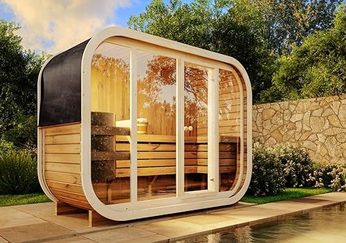 FinnTherm Comfort Set Fasssauna Ellipso L Fasssauna 2 Sitzbänke aus Holz, Sauna mit 42 mm Wandstärke Außensauna