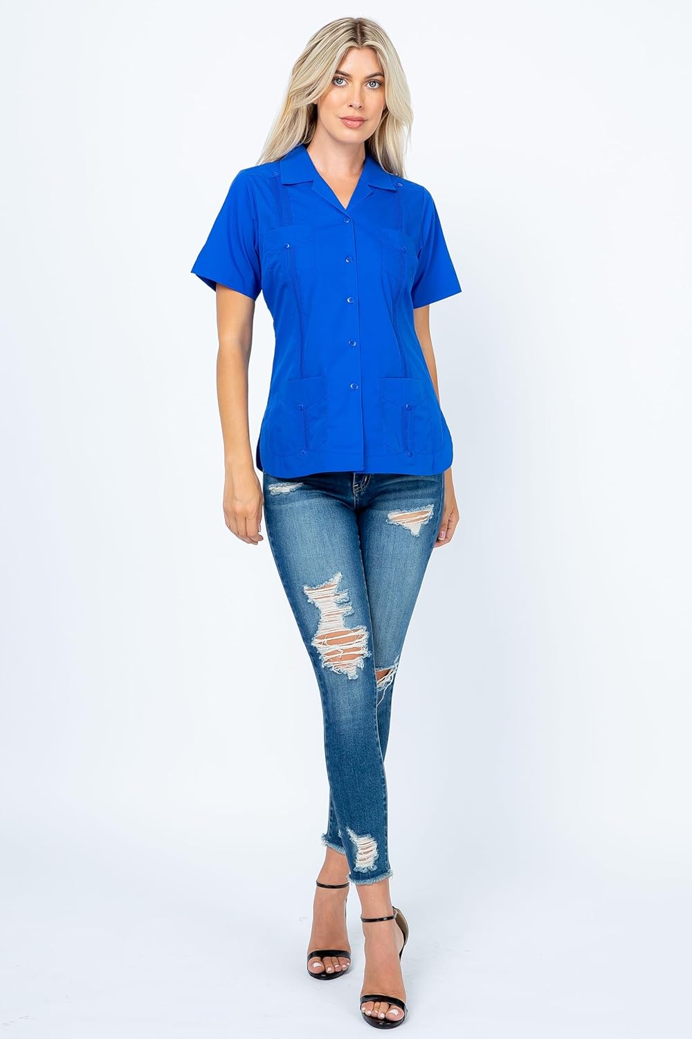 Mojito Collection Women's Cotton Blend Classic Short Sleeve 4-Pocket Guayabera - Image 2