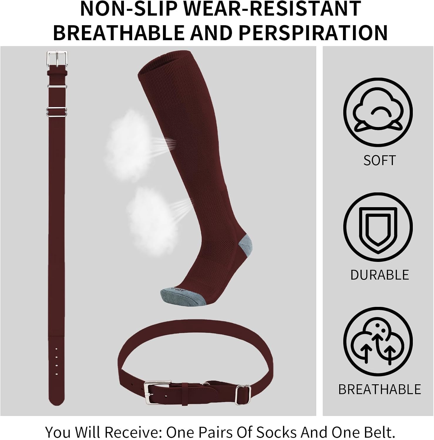 QBK Youth Baseball Socks & Belt Combo Set for Kids 2-16 Years -Softball/Tee Ball Accessories (1 Pair + 1 Belt, Unisex)
