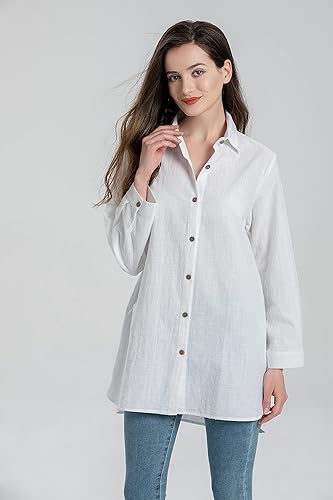 Miniatura 5 de Minibee Camisas de algodón para mujer, túnica alta y baja, blusa con botones