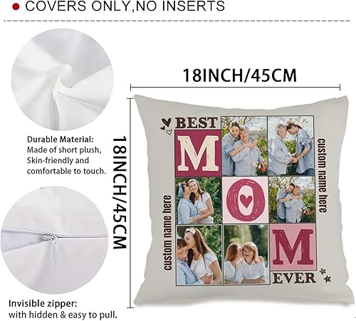 Miniatura 3 de Personalized Pillow Cover Combining 6 Images and Text for Mom, Cozy Throw Cushion Ideal as a Heartfelt Gift for Family Holidays Special Occasions or