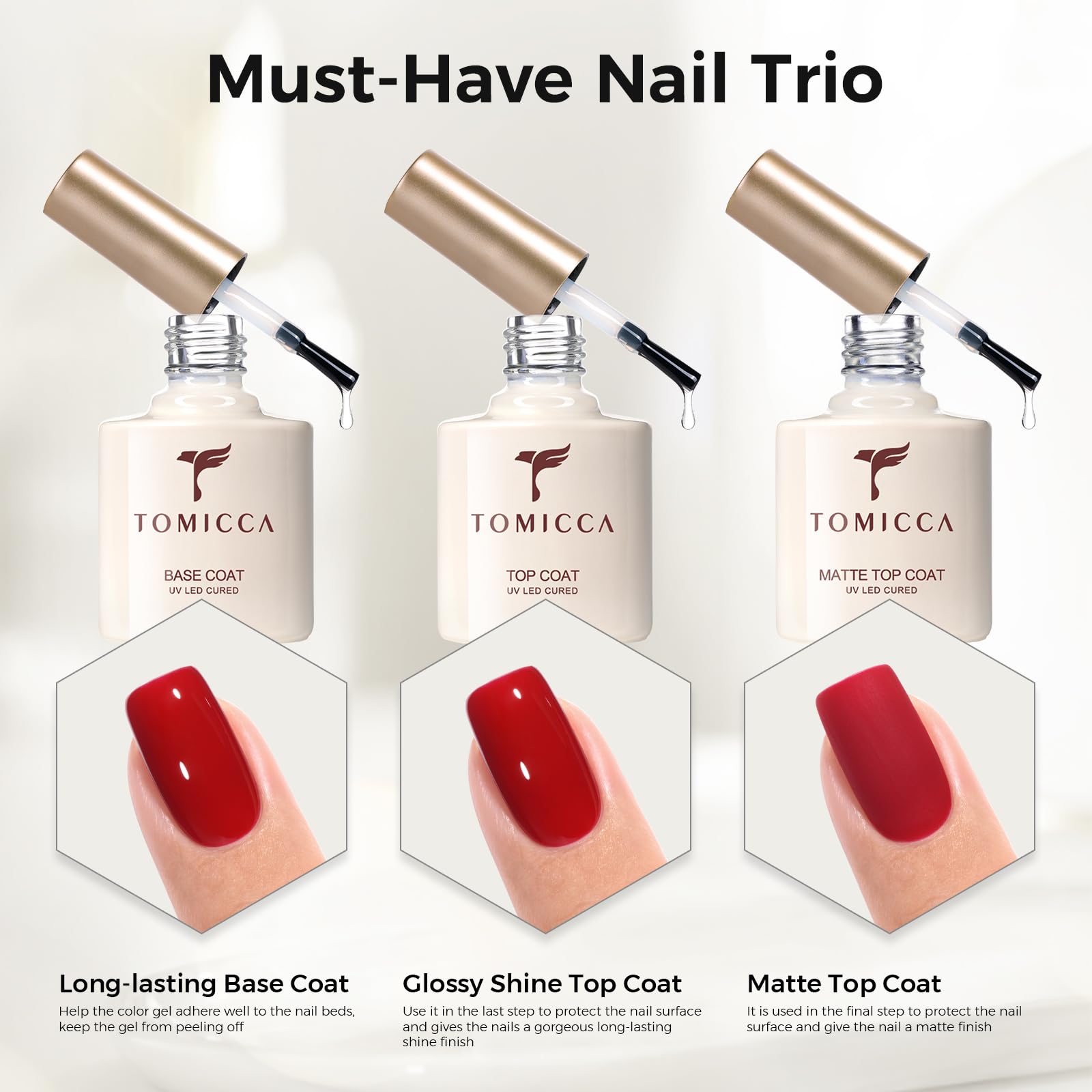 TOMICCA Base Coat Top Coat Gel UV Set, Primer UV Nagellack Set, Soak Off Unterlack und Überlack fur Nail Art Design Nägel Maniküre Kit für Nagelstudio DIY Home 2 x 8ml