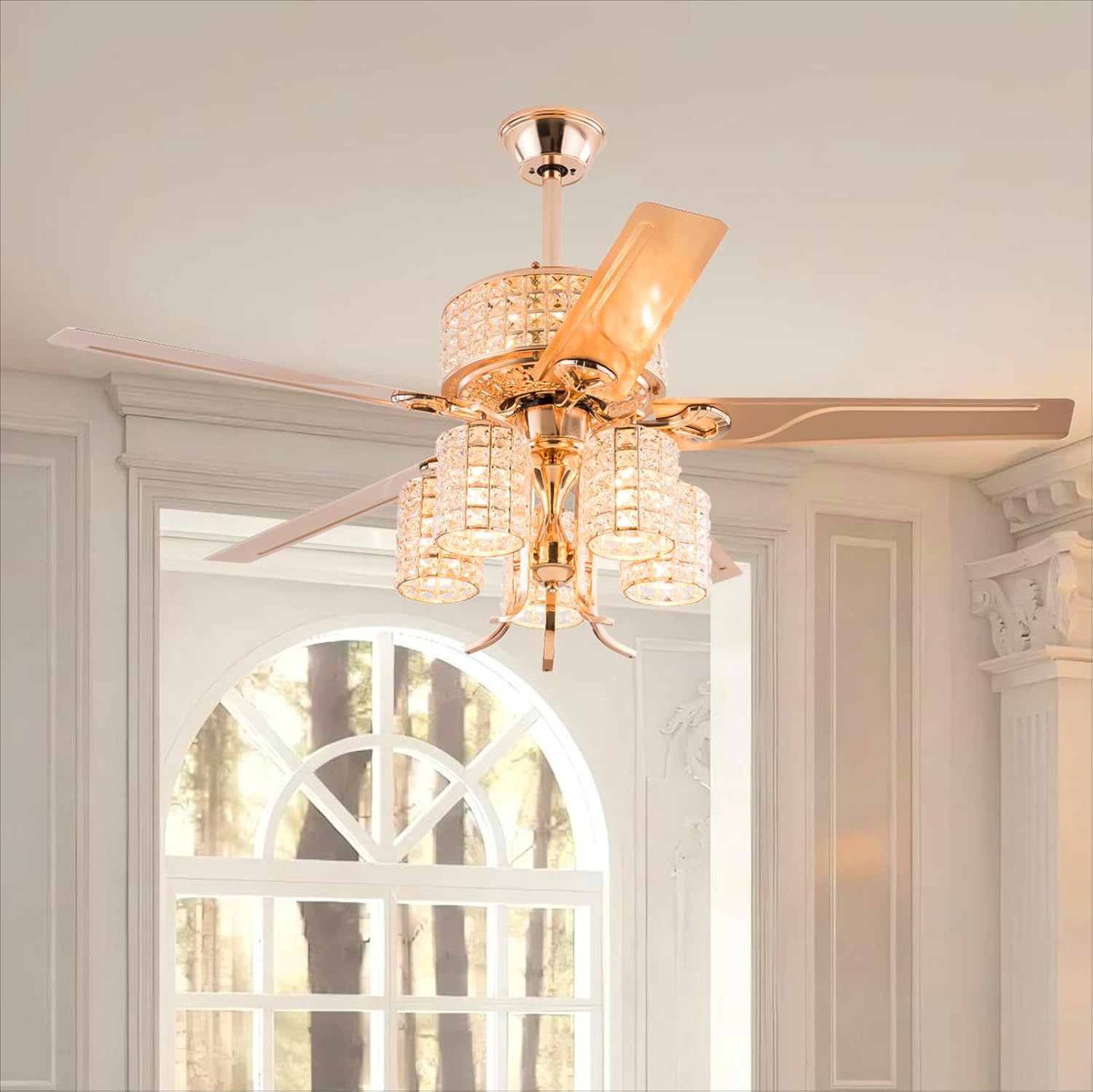 Fandelier Ceiling Fan with Light,52 inch Crystal Chandelier Fan,Remote Control,6-Speeds, Quiet Reversible DC Motor,Luxury Rose Gold Ceiling Fan for Indoor Living Room Dining Room E26