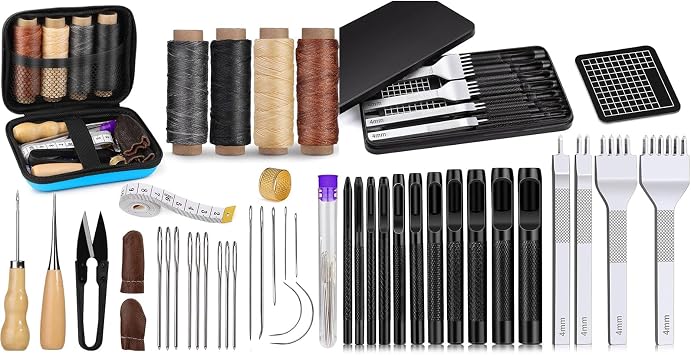 Leather Sewing Kit, Leather Stitching Kit with Sewing Awl, Stitching Punch, Belt Hole Puncher for Leathercrafts Needles, Waxed Thread