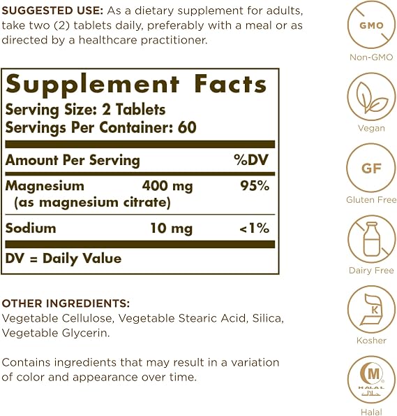 Solgar Magnesium Citrate - 120 Tablets, Pack of 2 - Promotes Healthy Bones, Supports Nerve & Muscle Function - Highly Absorbable - Non-GMO, Vegan, Gluten Free, Kosher - 120 Total Servings