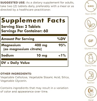 Solgar Magnesium Citrate - 120 Tablets, Pack of 2 - Promotes Healthy Bones, Supports Nerve & Muscle Function - Highly Absorbable - Non-GMO, Vegan, Gluten Free, Kosher - 120 Total Servings
