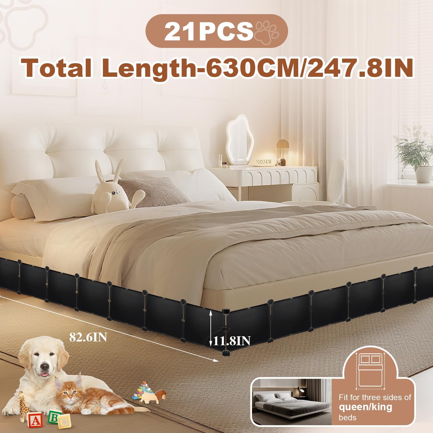 11.8" H x 248" L Total Under Bed Blocker for Pets, Adjustable Length Under Bed Blocker, Stops Pets Sneaking Under, Fits Queen, King Beds (Three Sides), Black