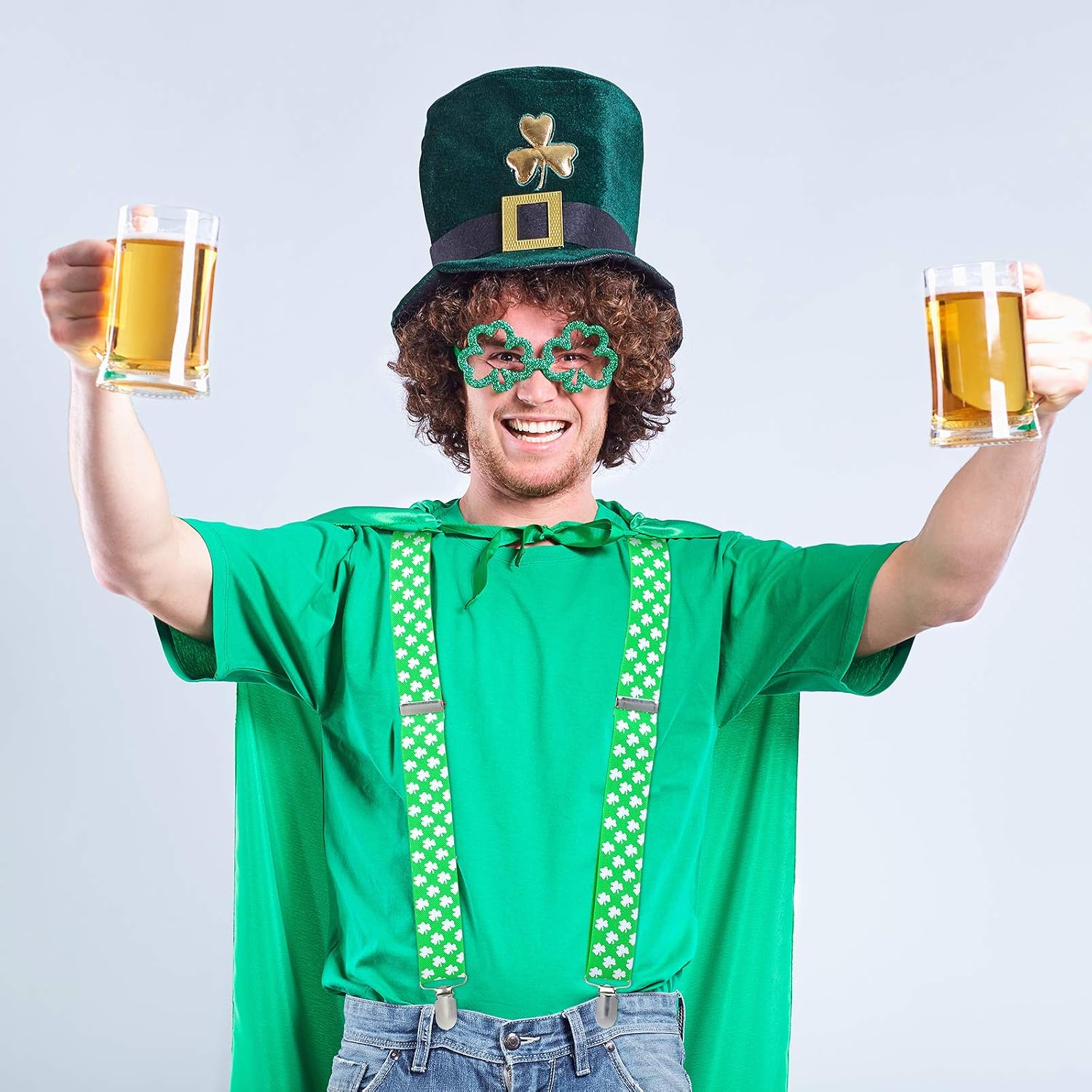 Syhood 2 Pieces St. Patrick's Day Shamrock Suspender Adjustable Elastic Clip Y Shape Braces Suspenders Shoulder Straps for St. Patrick's Day Parade Party, 2 Sizes