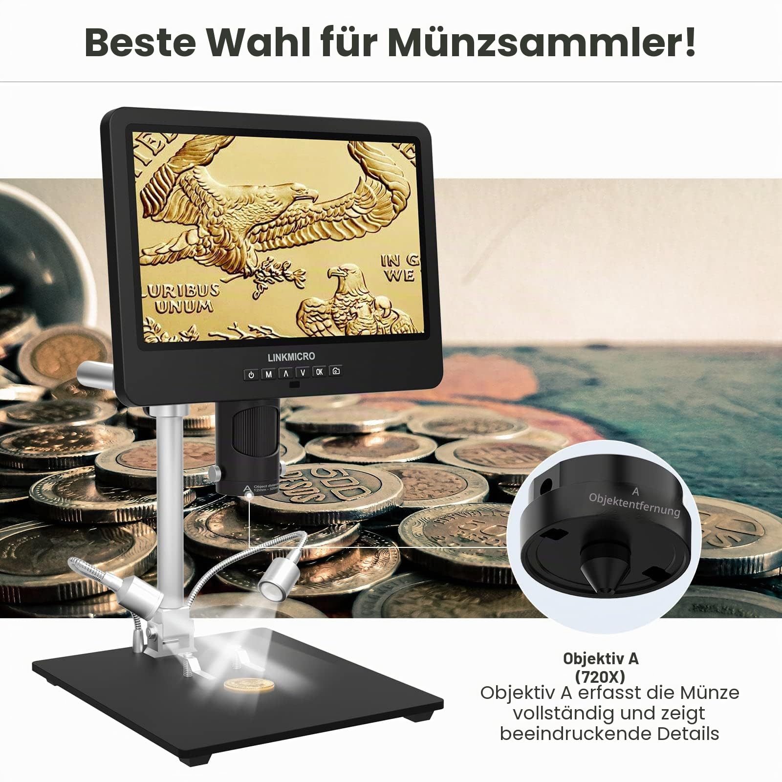 LM249MS 3 Linsen Digital Mikroskop HDMI mit 10" Bildschirm 2000X UHD 2160P 3D LCD digital mikroskop löten mit 13" Metallständer für Erwachsene PCB Reparatur SMD, USB Münzmikrosk