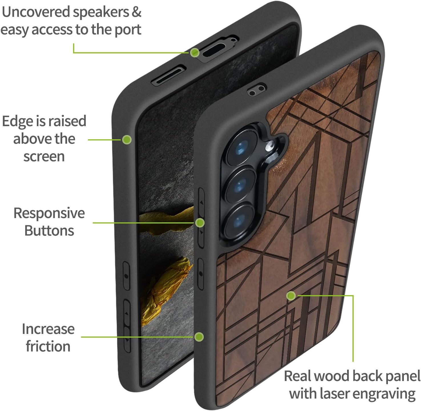 Carveit Wood Case for Galaxy S24 Plus Case [Natural Wood & Black Soft TPU] Shockproof Protective Cover Unique Wooden Design Compatible with S24 Plus (Geometric Figure-Walnut)
