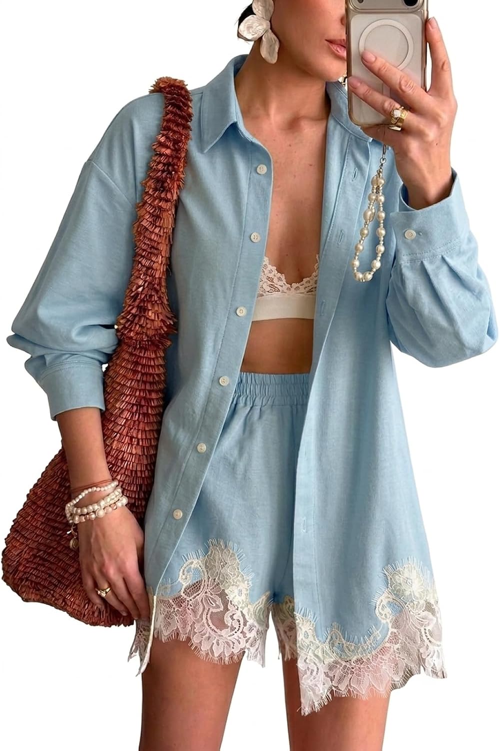 Women's 2 Piece Outfits Lace Trim Button Down Shirt and Shorts Set PJS Set Blouse Lounge Set