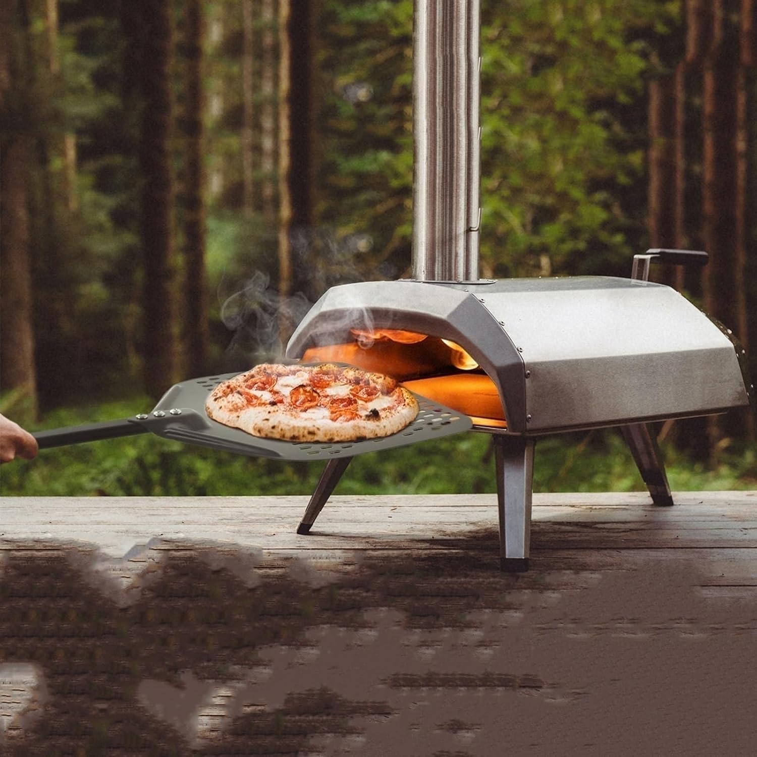 Perforated Pizza Peel Oven Set, 9" Round Spatula And 14" Square Turning, Long Handle 43" Copper Brush, 44" Cleaning Rake, High Temperature Resistance
