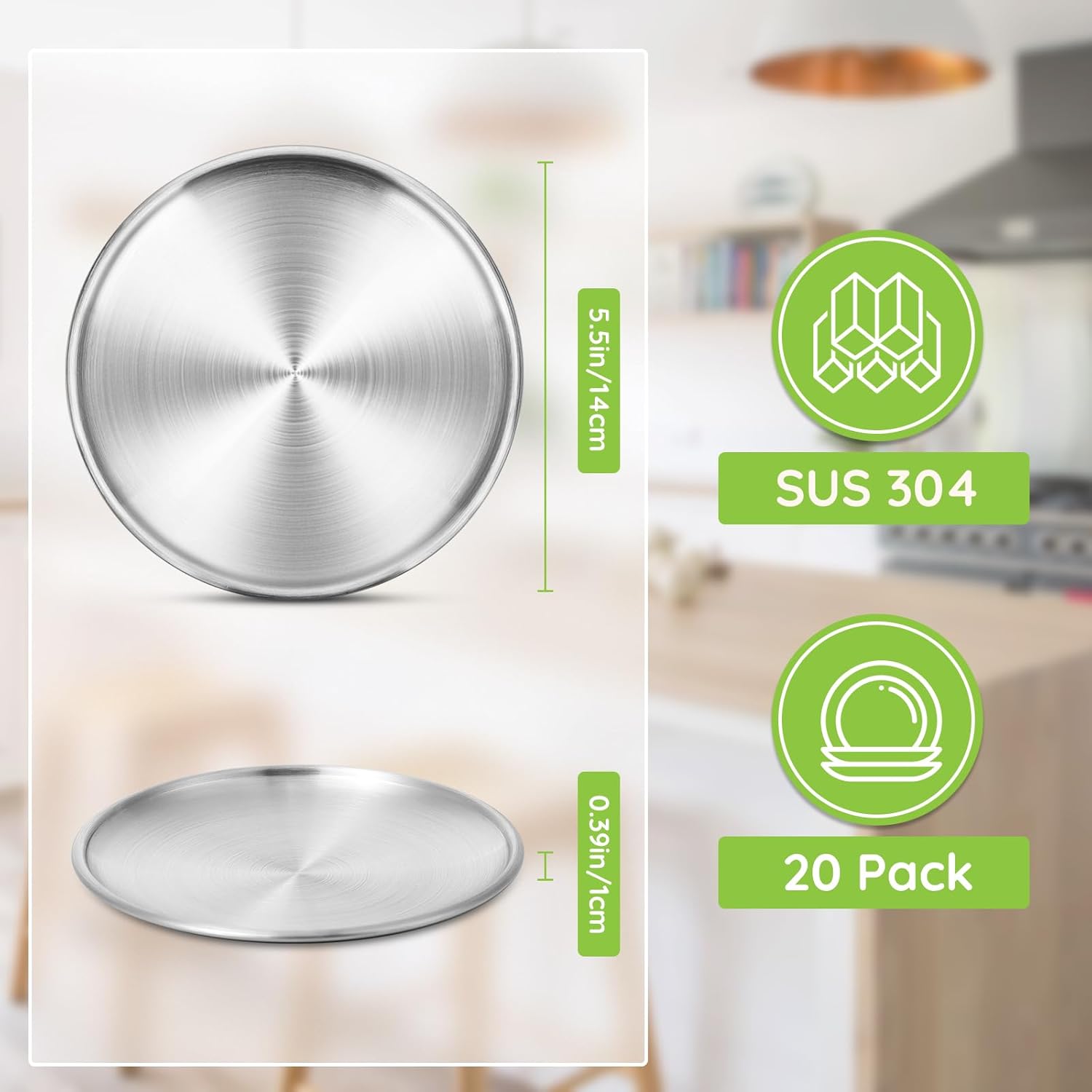 Stainless Steel Plates, 20 Pack 5.5 inch 304(18/8) Metal Food Serving Plate Set, Reusable Snack Eating Dishes Round Shatterproof Silver Dinnerware for BBQ Dinner Oven Dishwasher Safe