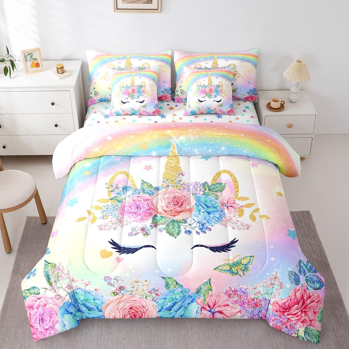 Feelyou Full Size Unicorn Comforter Set with Sheets for Kids Girls Bedroom Decorations Teens 3D Colorful Unicorn Rainbow 7 Piece Bedding Set Ultra Soft and Fluffy Flower Bed in a Bag
