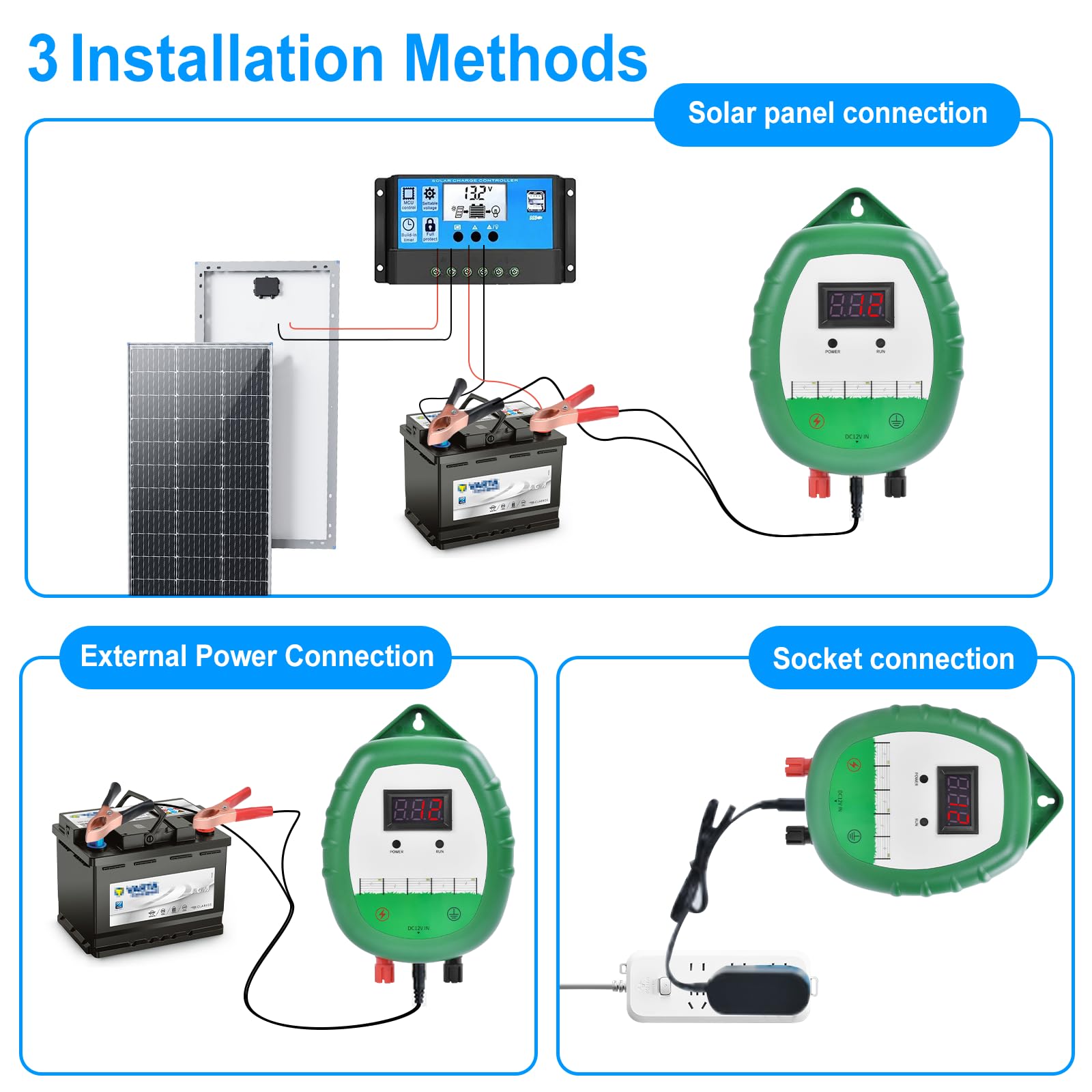 Pastor Eléctrico de 10 km Cercas Eléctrica Kit : 1x Electrificadores + 1x hilo canductores 200 m 2,2 mm² + 1x Estuche impermeable - Cerca Valla Eléctrica para Ganado, Caballos, Aves, Pastor (Verde)