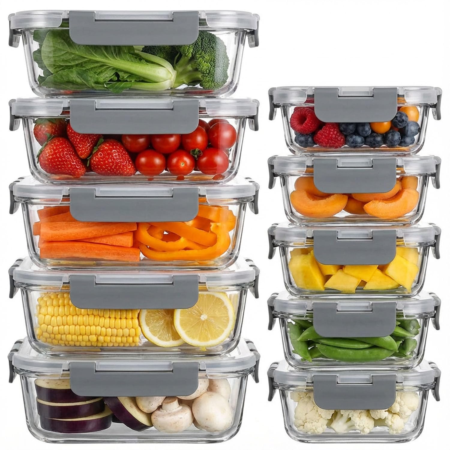 HomeVC [10-Pack] Glass Meal Prep Containers with Lids, Reusable Food Storage Containers, Airtight Lunch Containers, Microwave, Oven, Freezer and Dishwasher, Gray