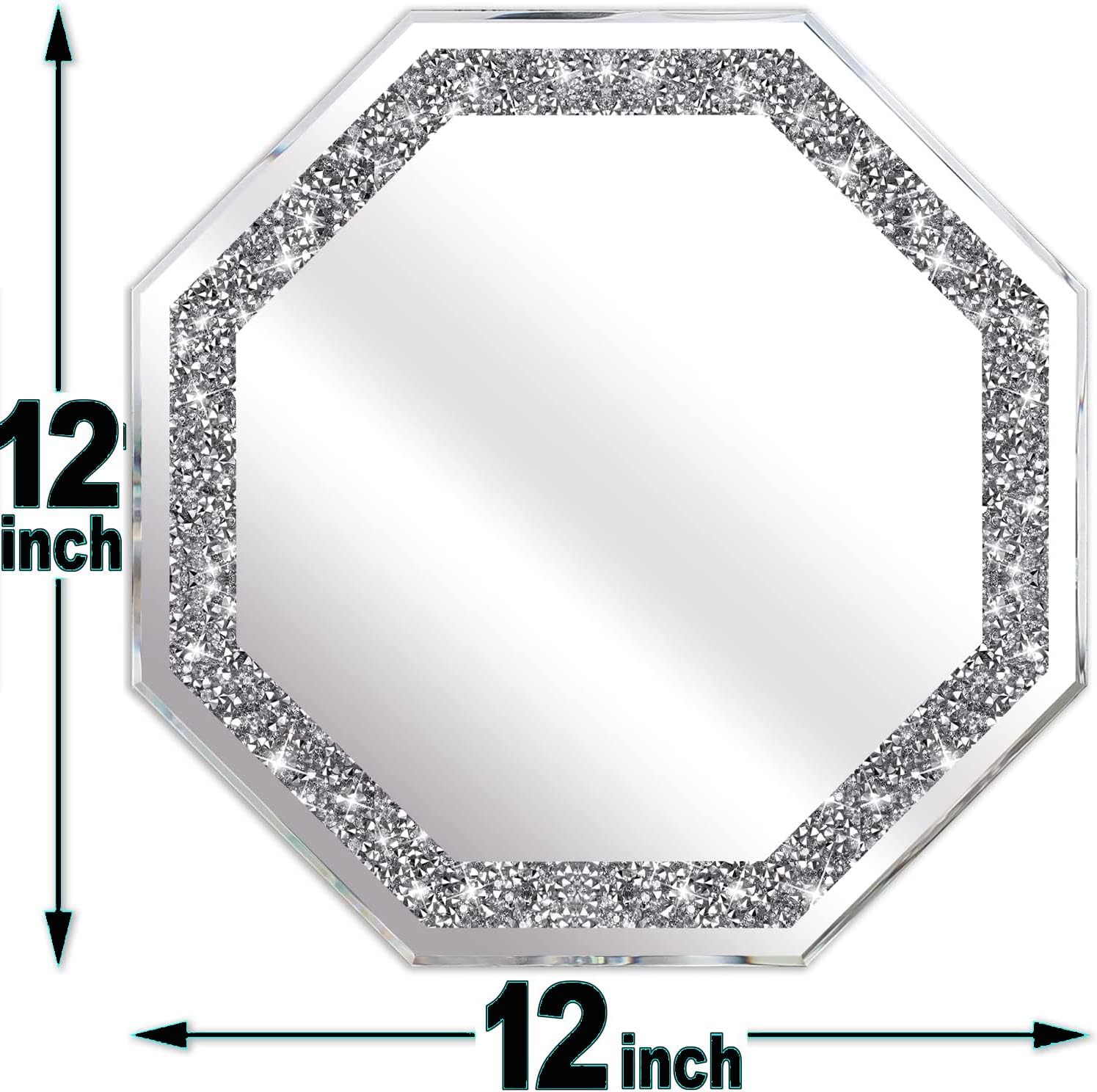 2 Piece Wall Mirrors Octagon, Crush Diamond Mirrors Wall Decor, Silver Decorative Mirrors for Living Room Decor, Bedroom, Bathroom. (12”x12”)