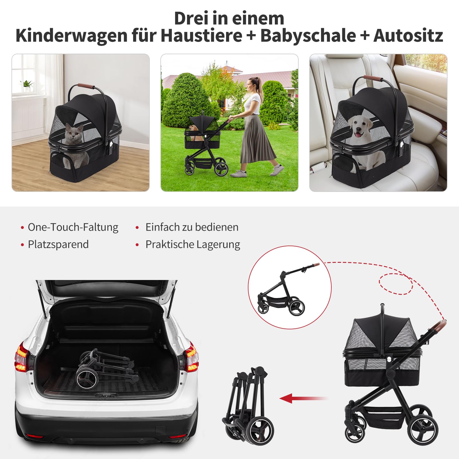 PJDDP 3-In-1 Opvouwbare Kinderwagen 3-Wiel Kat Wandelwagen Trolley Voor Kleine Hond Buggy Puppy's Met Opbergmand En Bekerhouder Inclusief 360 Graden Draaibaar Voorwiel Achterwiel Breekt,Roze