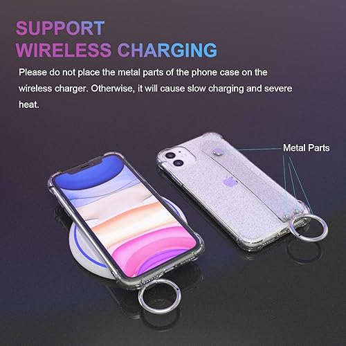 Miniatura 6 de Wuwedo Funda transparente con purpurina para iPhone 14 con correa de mano, funda protectora de TPU flexible brillante con correa de mano ajustable y