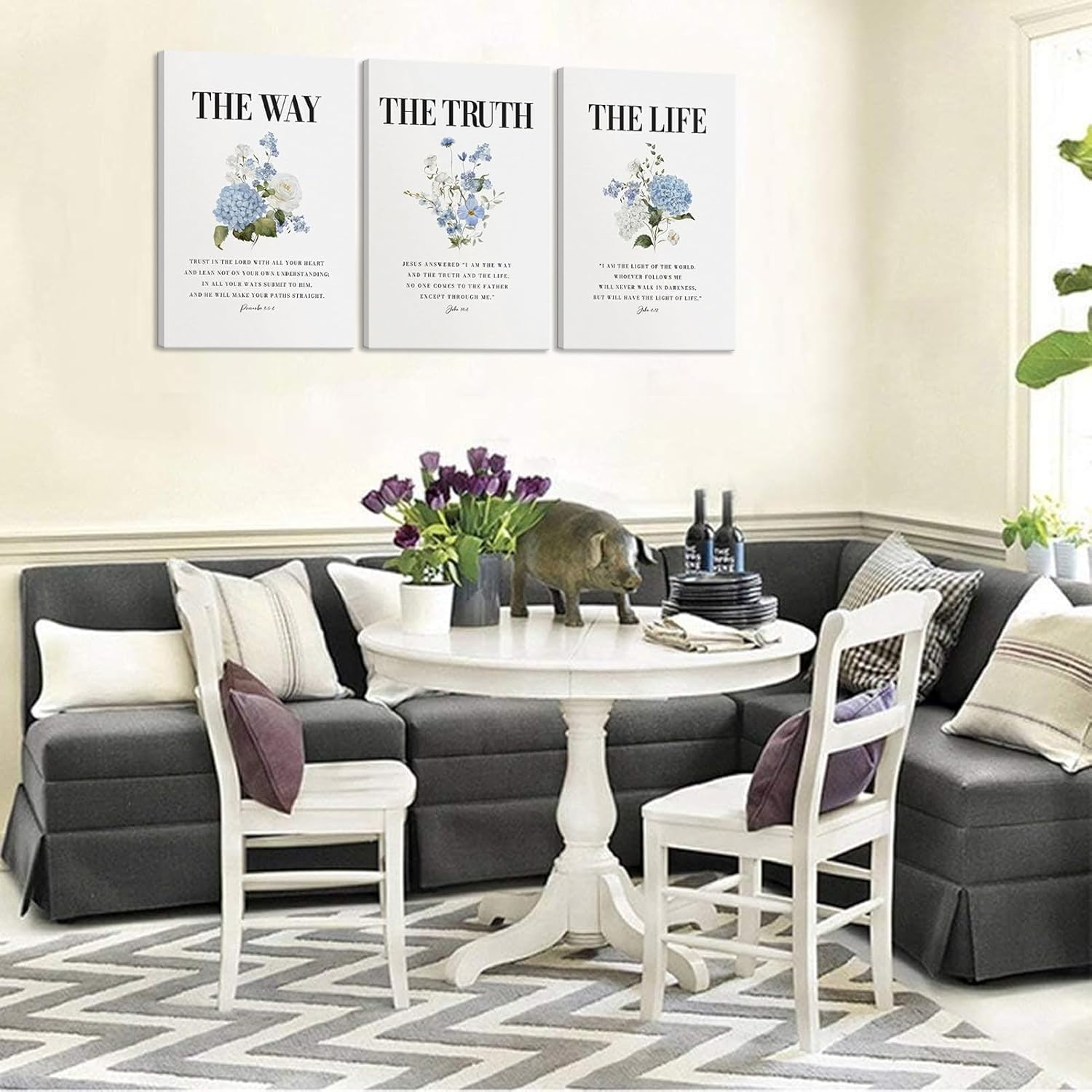 3Pcs Christian Canvas Wall Art John 14 6 the way the truth the life biblical quote Wall Decor Pictures Floral Prints Paintings Blue Scripture Artwork for Bathroom Room Home Decoration 16x24in