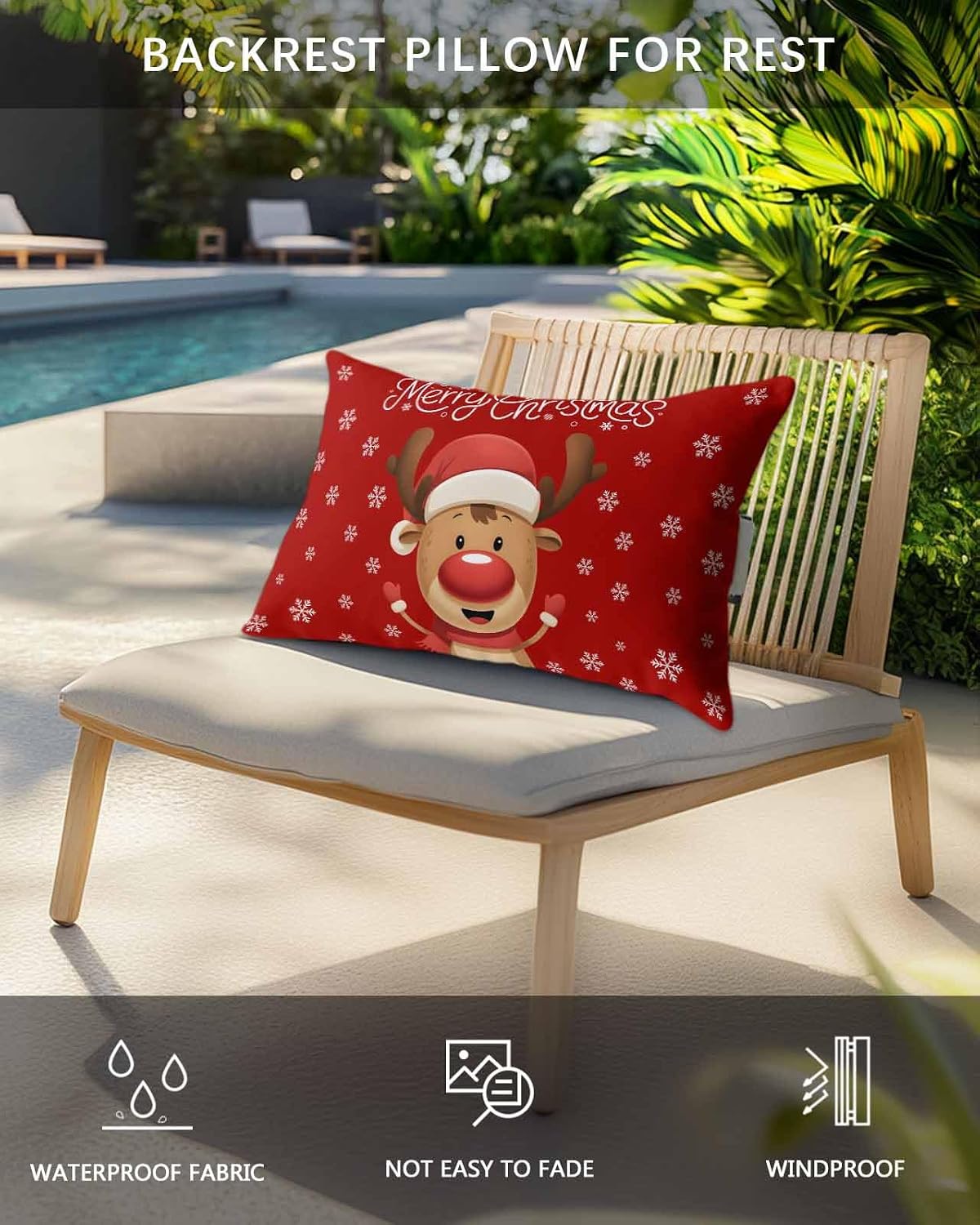 Pack of 2 Outdoor Lumbar Pillow Covers 11x16 Inch, Merry Christmas Waterproof Throw Pillow Covers Set, Red Winter Xmas Cartoon Deer Snowflake Indoor&Outdoor Cushion Cases for Patio Porch Beach