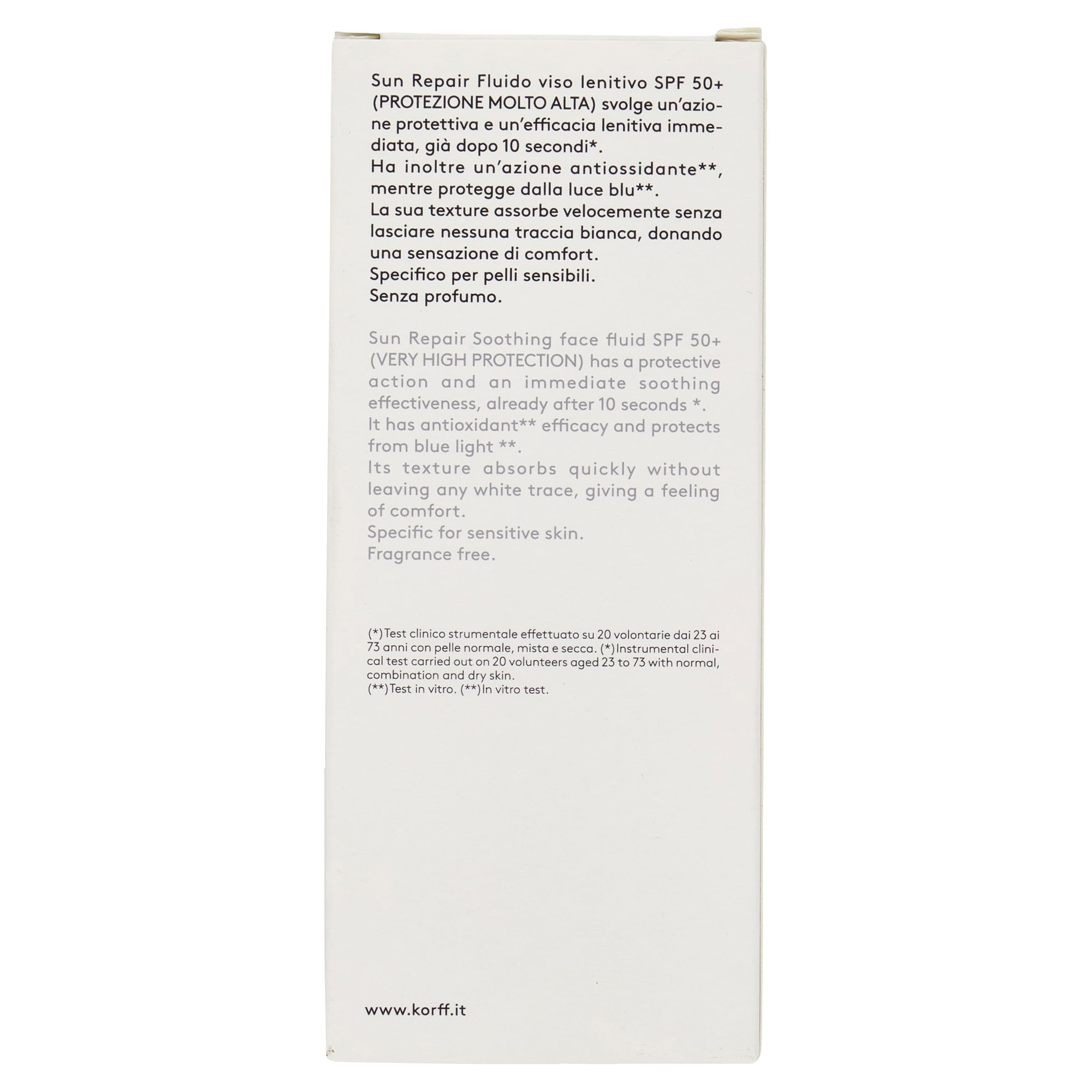 Korff Sun Repair Fluido Viso Lenitivo SPF 50+, Protezione Molto Alta, Lenitivo Istantaneo, Texture Leggera, Senza Tracce Bianche, Adatto a Pelli Sensibili, Confezione da 80 ml