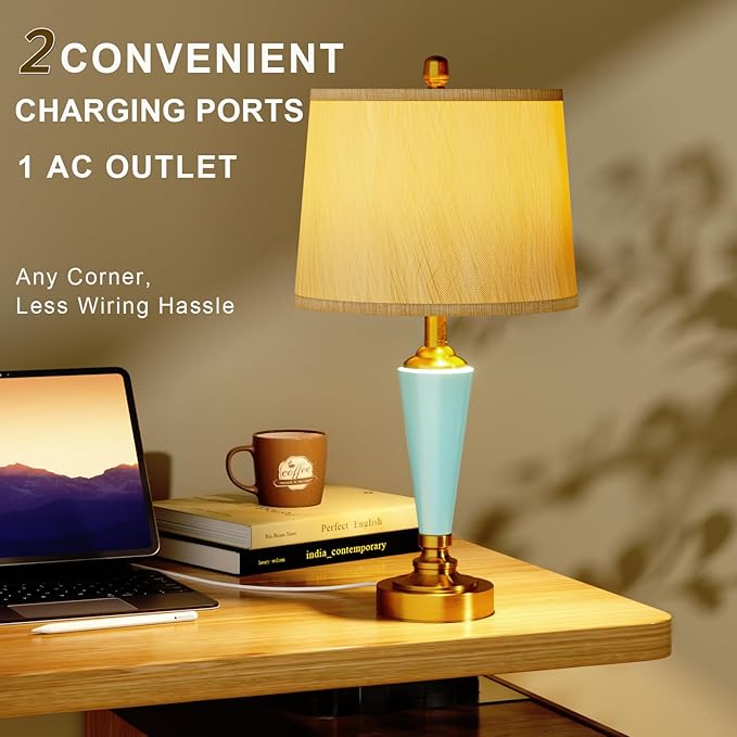SAIWEYA 24" Ceramic Table Lamp with 3 Way Dimmable Touch Lamps - 2 USB Ports & AC Outlet Bedside Lamps, Modern Nightstand Lamp for Bedroom Living Room Office (Bulb Included) (Sky Blue-2 Pack) photo 3