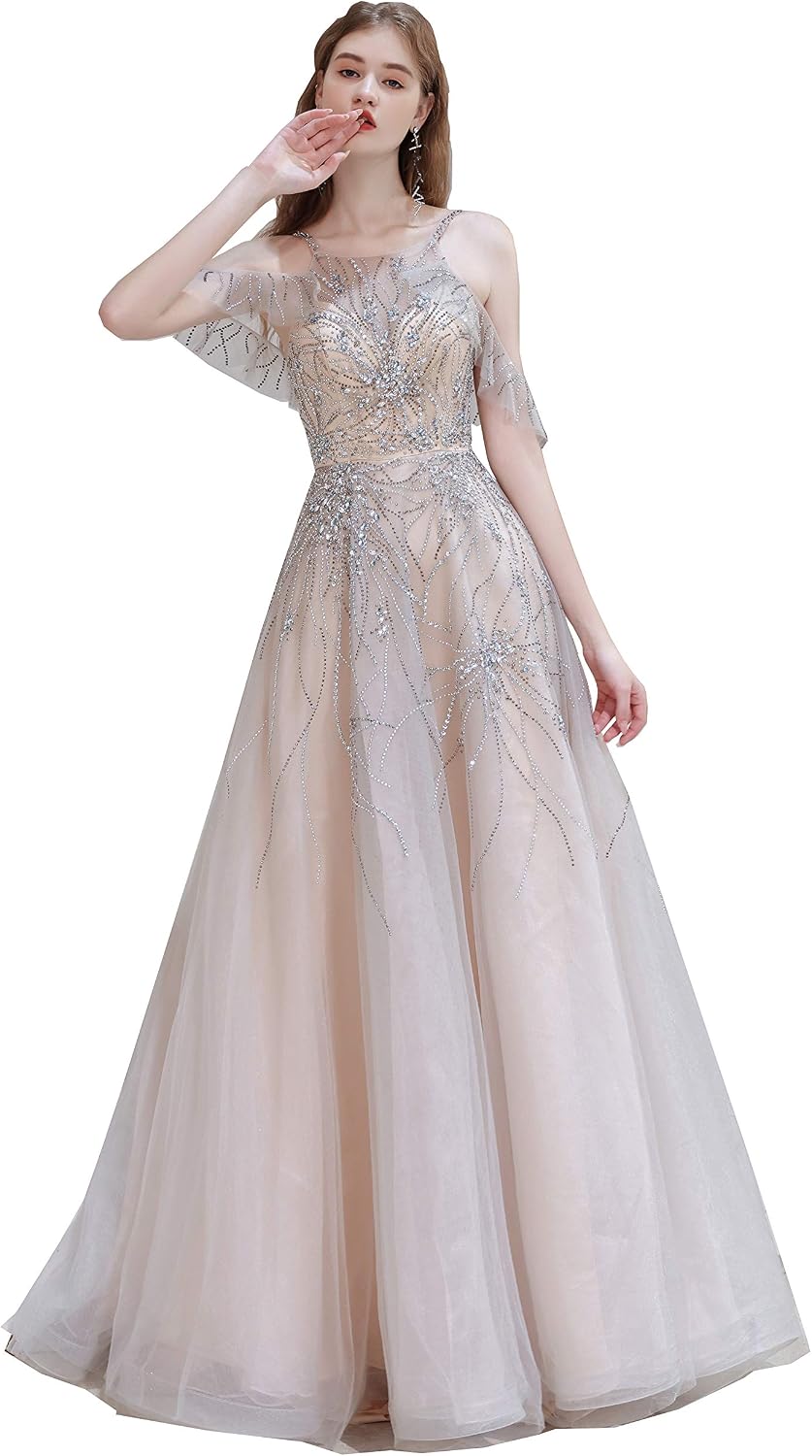 Women's Beaded Sequins A-Line Lace-up Tulle Evening Dress