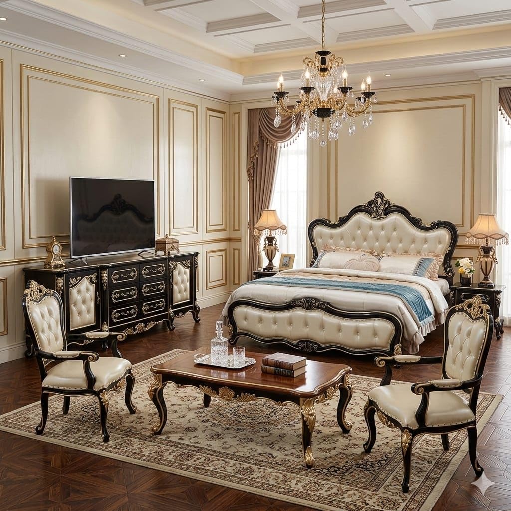 Shilpi Baroque Style Bedroom Furniture Set, Teak Wood, Tufted Upholstered Bed with Side Tables, TV Cabinet, 2 Chairs and Coffee Table, Black and Gold-image-44