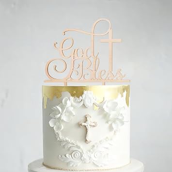God Bless Wooden Baptism Cake Topper - Religious Baptism & First Communion Decoration, Cross Keepsake