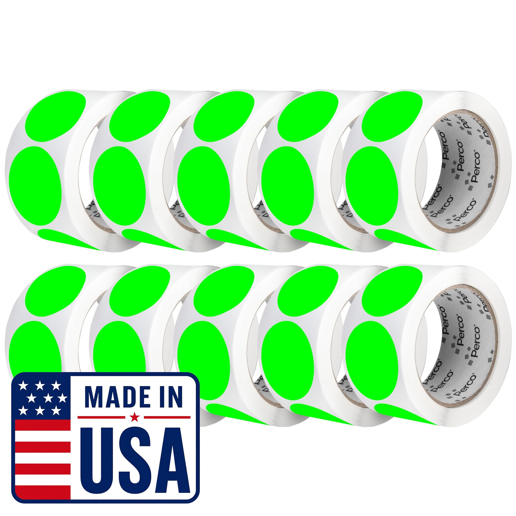 Perco Neon Green Perforated Round Circle Dot Sticker 2-Inch Labels — 10 Rolls, 5,000 Stickers - in Stock, Ready &amp; Promo Labels, High Visibility, Strong Adhesive—Made in USA