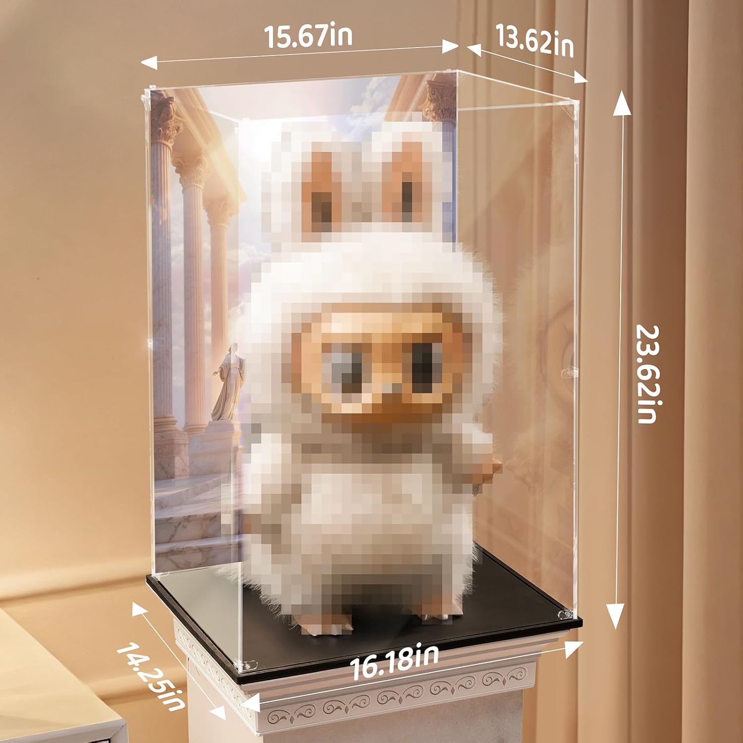 Doll Display Base with Roman Column+Transparent Dust-Proof Display Case-for LABUBU Zimomo Angel in Clouds Doll, Display Stand