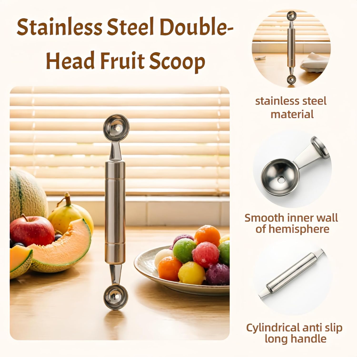 Double-ended Melon Baller,Premium Thickened Stainless Steel Fruit Scoop, DIY Fruit Platter Ball Tool Scooper, Reusable Ice Cream Scooper for Watermelon Honeydew Dessert Platter Decoration