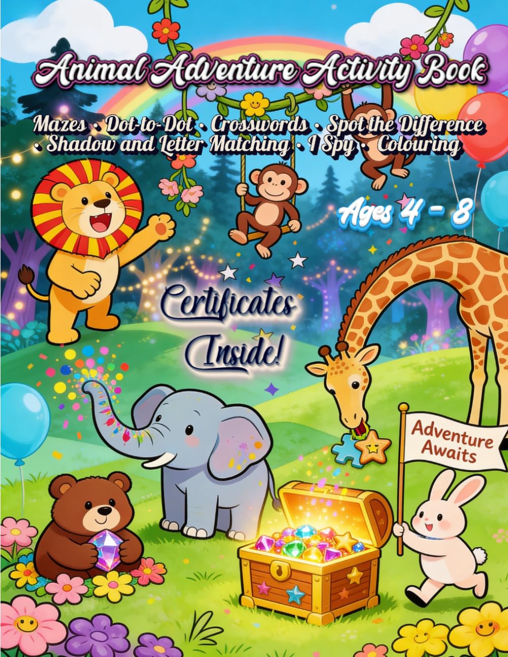 Animal Adventure Activity Book: An Educational Activity Workbook for Kids Ages 4–8 • Mazes • Dot-to-Dot • Crosswords • Spot the Difference • Shadow Matching • I spy • Colouring