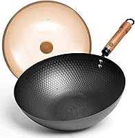 WANGYUANJI 12.6" Thickened Carbon Steel Wok with Lid - Hammered Flat Bottom Stir Fry Pan for Induction, Gas, Electric Stoves, Detachable Wood Handle, No Coatings