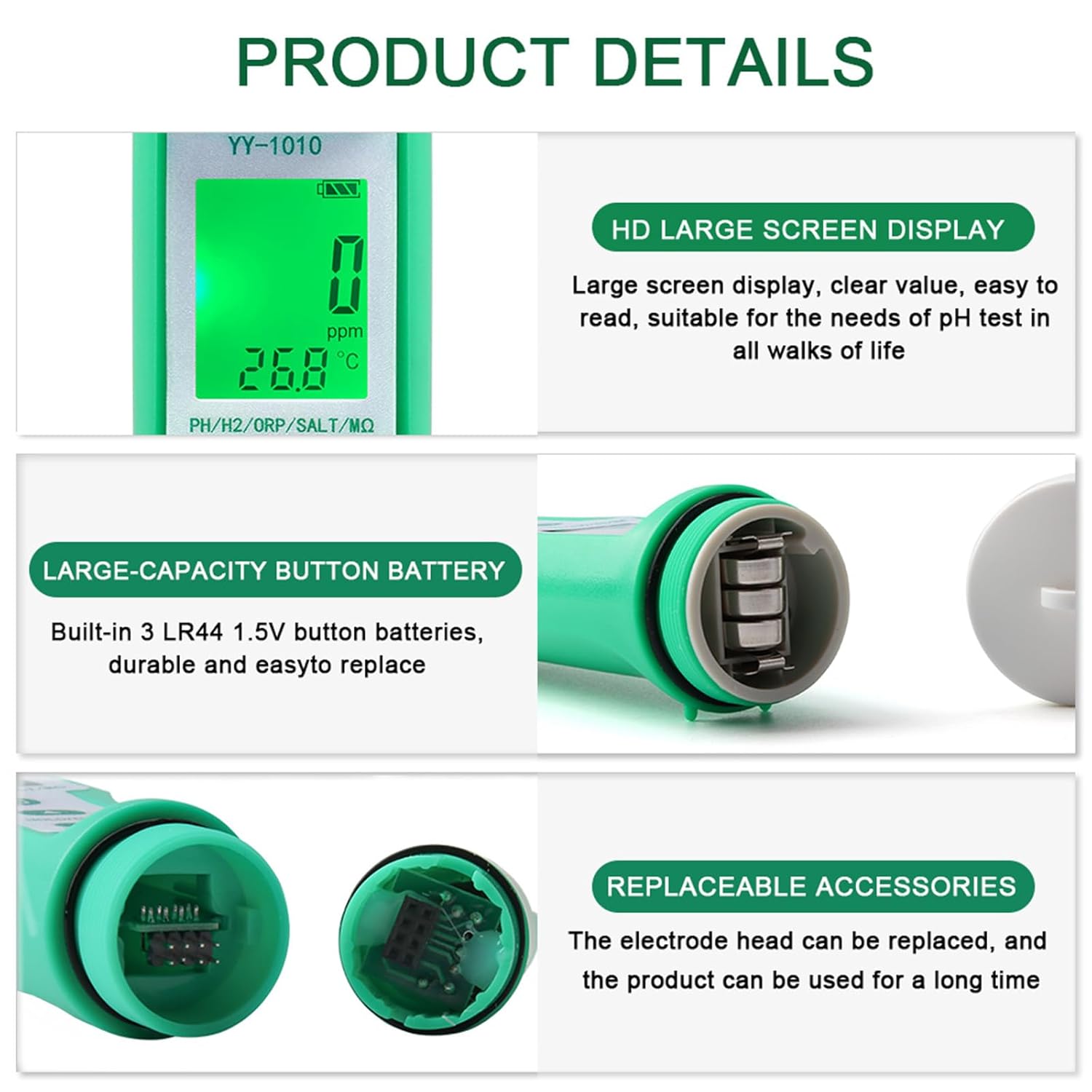 Meter High Accuracy Water Tester 10 in 1 Meter PH/TDS/ORP/Temp for Water Household Drinking Swimming Pool Durable Digital Tester