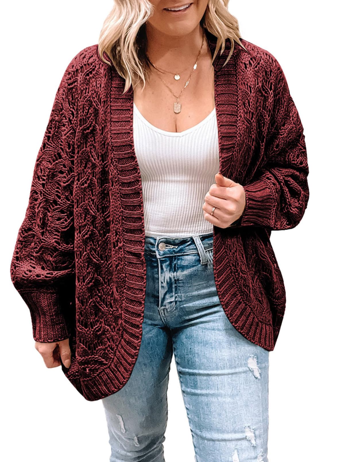 Womens Plus Size Crochet Cardigan Sweater Long Sleeve Hollow Out Open Front Cardigans Outwear(1X-5X)
