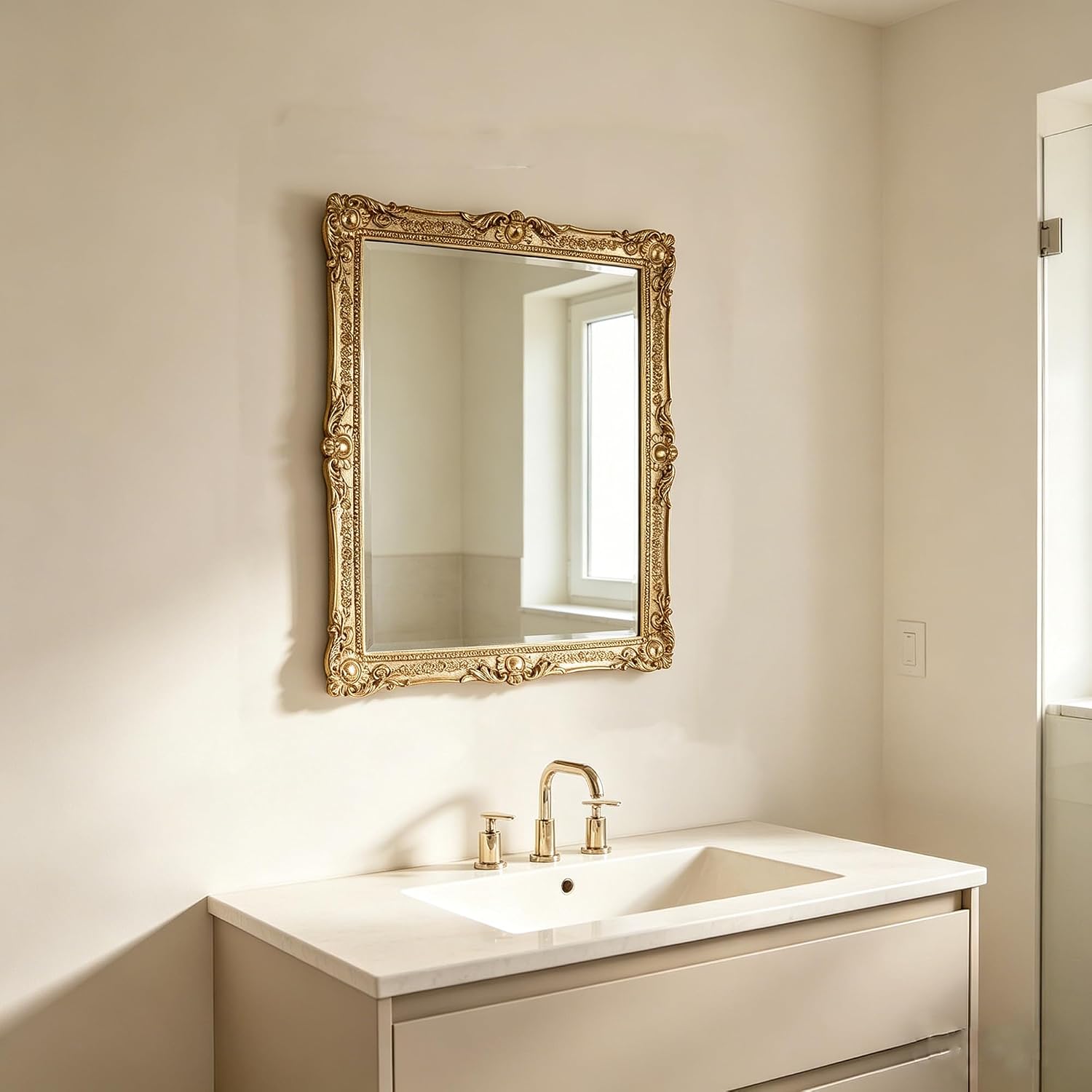 OIGUMR Decorative Wall Mirror, Gold, Ornate Baroque Style, Vintage Vanity Makeup Mirror, Freestanding or Wall Mount (Gold, 13x 16 inch)
