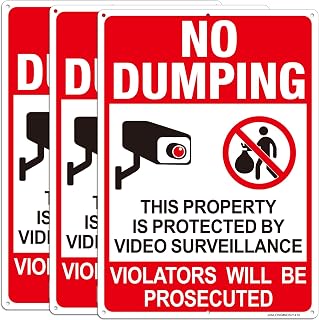 No Dumping Video Surveillance Sign, 3 Pack-14 x 10 Inch Aluminum Private Property No Dumping Signs, UV Protected, Weather Resistant, Waterproof, Durable Ink, Easy To Mount