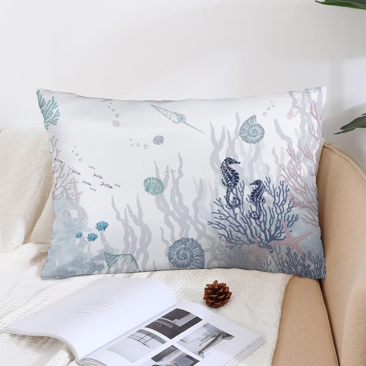 Throw Pillow Cover Nautical Coastal Queen Size Lumbar Pillow Case with Zipper Ocean Coral Seahorse Standard Decorative Pillowcase Beach Themed Cushion Cases for Sofa Couch Bed, 20"x30" - Image 4