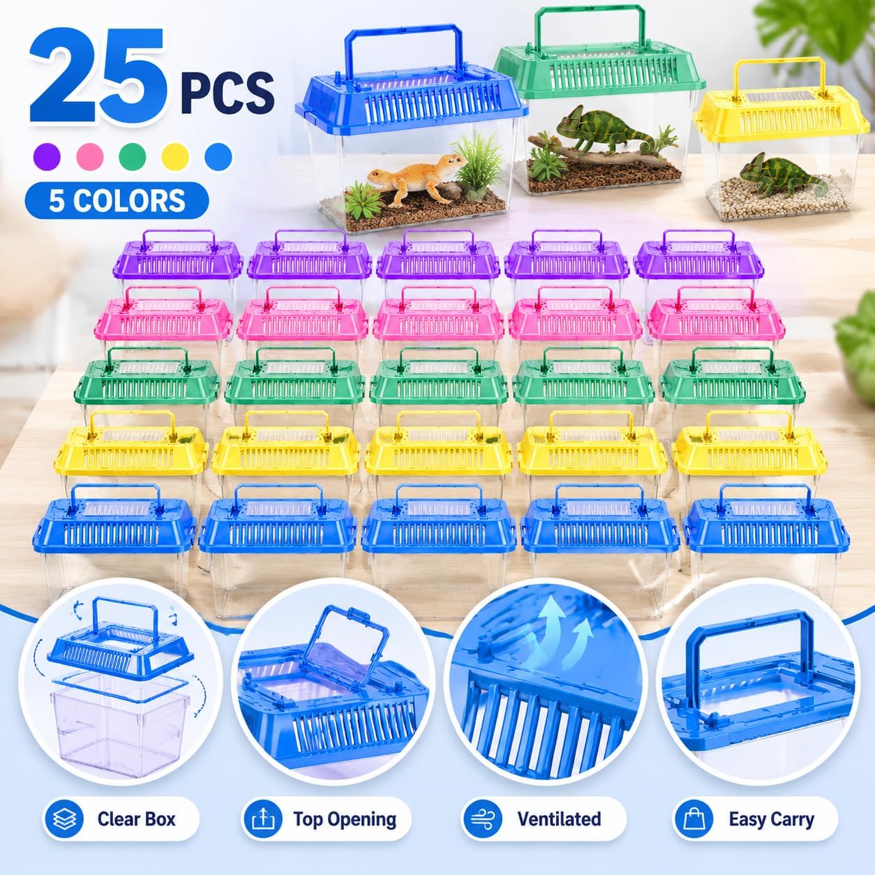 25 Pack Small Reptile Carrier Boxes, 5.9 x 4.3 x 3.7 in | Bulk Plastic Terrarium Set, Ventilated Lids, For Breeding, Hatching, Transport
