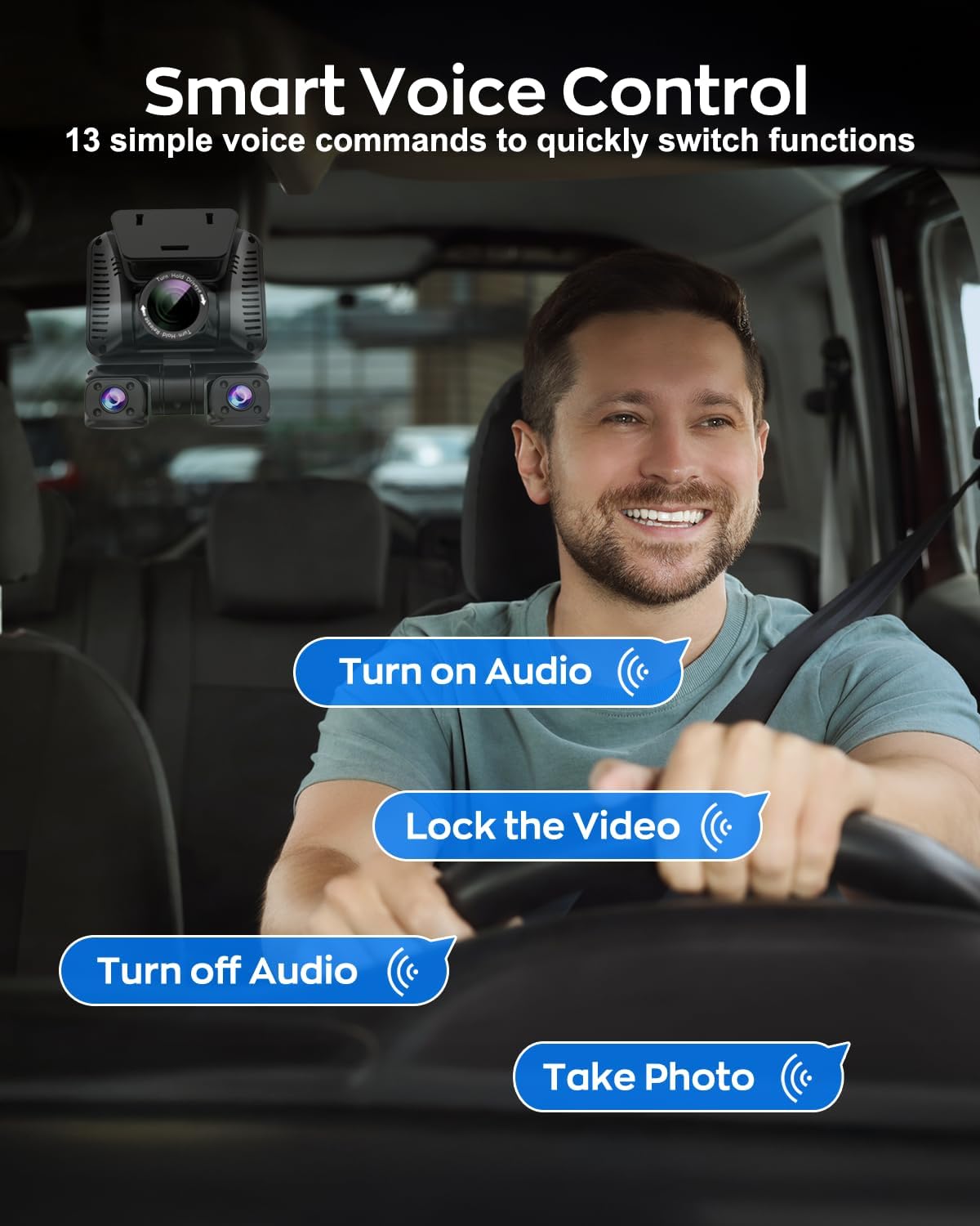 Driver using voice commands like 'Turn on Audio', 'Lock the Video', 'Turn off Audio', and 'Take Photo' to control the dash cam.
