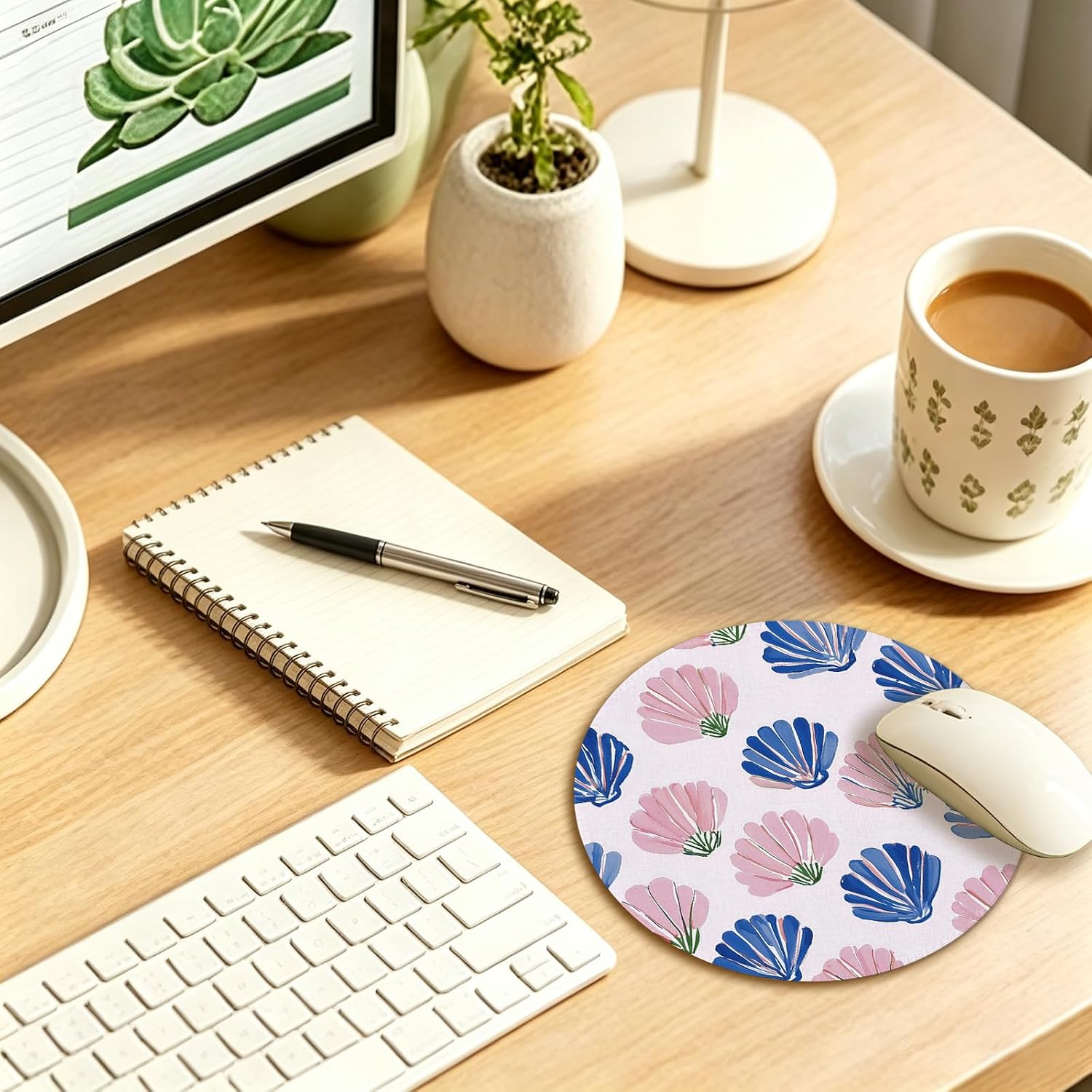 Pink and Blue Coastal Beach Seashell Round Mouse Pad 7.9x7.9in image 4