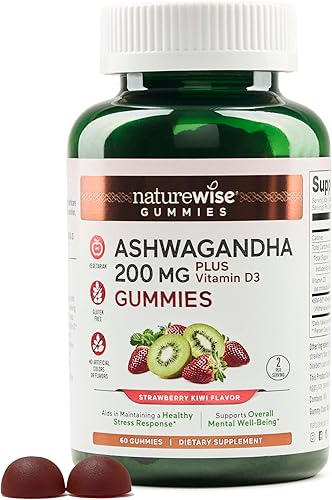 NatureWise Ashwagandha Gummies - Strawberry Kiwi - KSM-66 con vitamina D3 - Apoyo calmante para el estado de ánimo - Vegetarianas - Sin OMG,