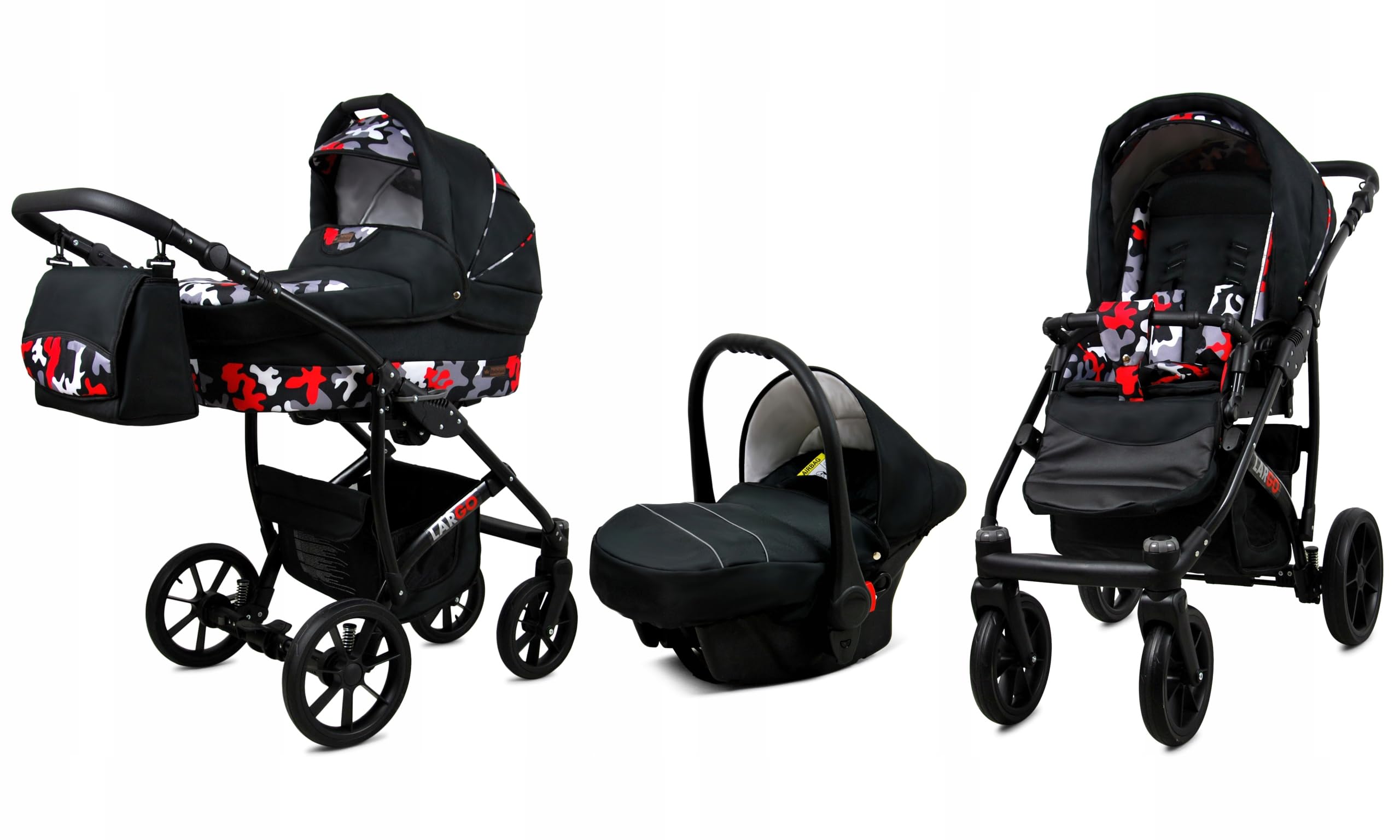 BabyLux® Zestaw wózków dziecięcych 3 w 1 – Largo – w zestawie wanienka dla niemowląt, fotelik sportowy, fotelik samochodowy – zestaw wózków dziecięcych z torbą do przewijania, osłoną przeciwdeszczową